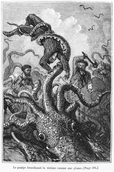 De octopus valt de Nautilus aan, illustratie uit 